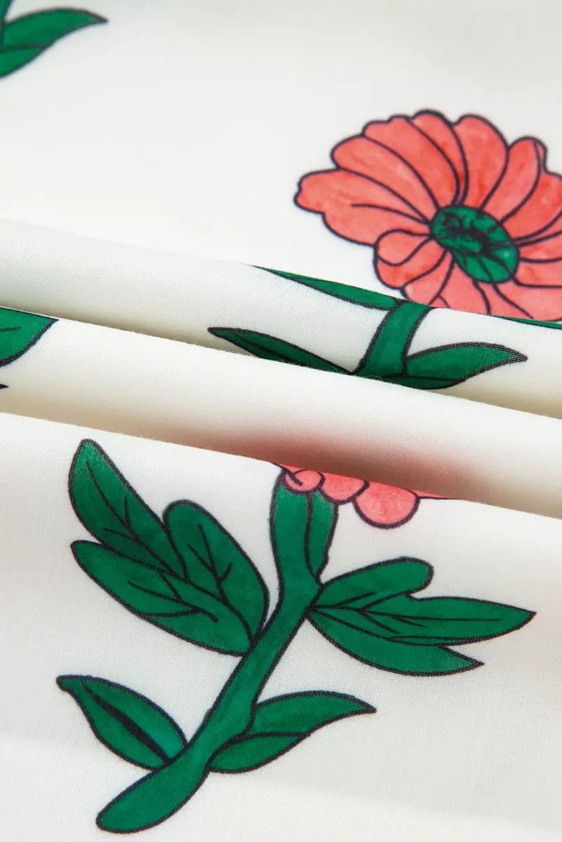 Beige Floral Print Shirred Split Neck Short Sleeve Blouse for Women - Love Salve